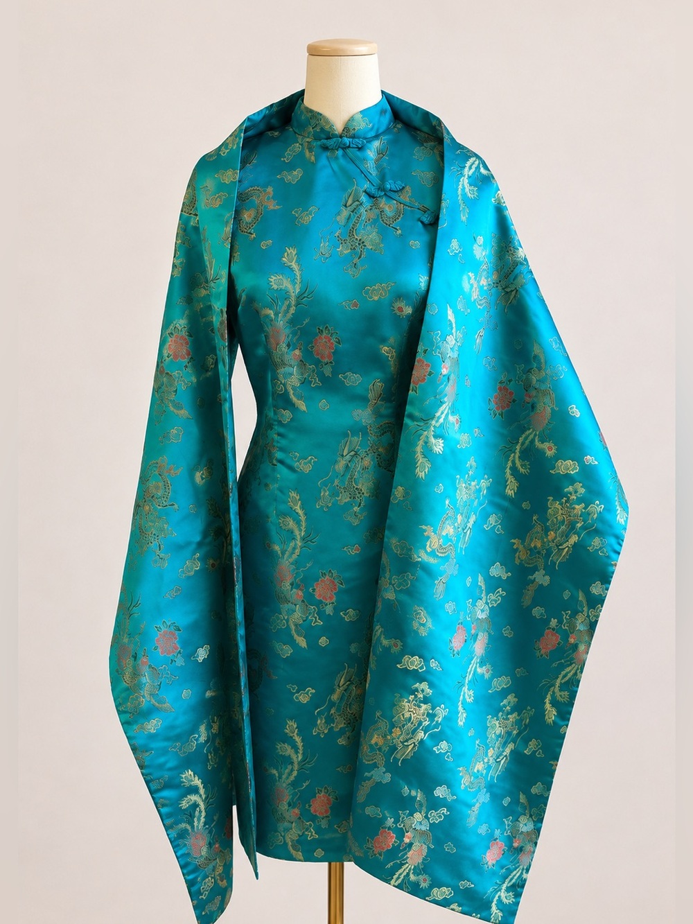 Vintage Asian Dragon Phoenix Brocade Dress w Matching Shawl Custom Made Teal S